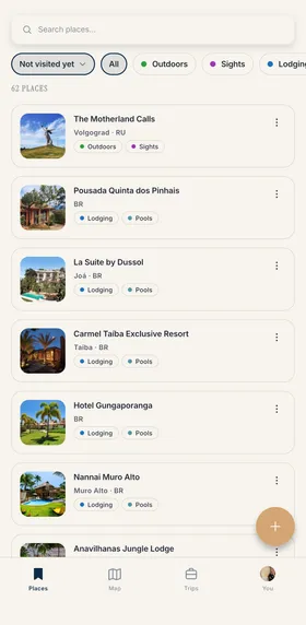 The Travel Deck places list, filtered to places not visited yet.