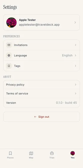 Travel Deck settings, showing invitations and language.