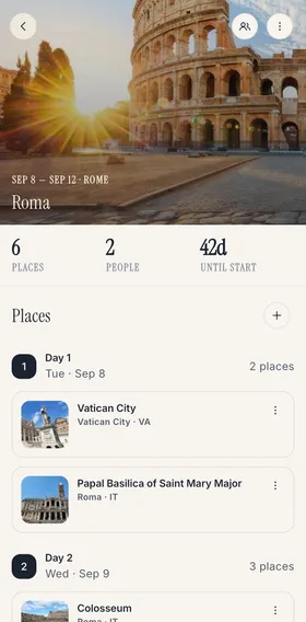 A Travel Deck trip broken into days, with places under each day.