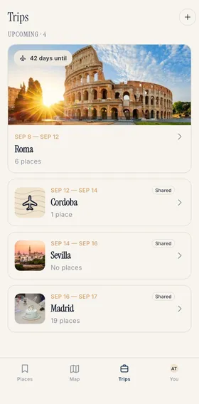 Upcoming trips in Travel Deck, with a countdown on the first one.